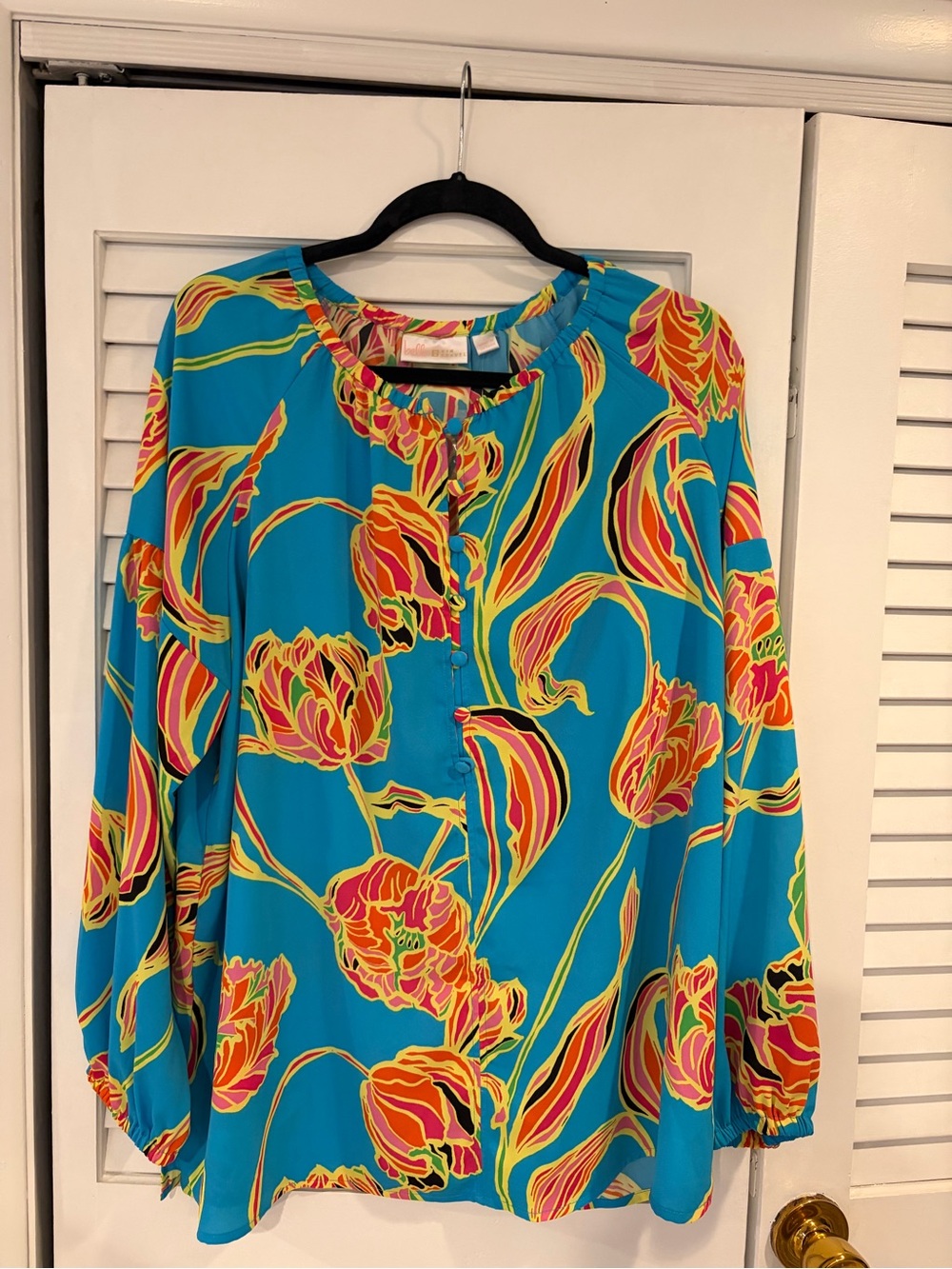 Belle by Kim Gravel Turquoise Floral Puff Sleeve Blouse Size L